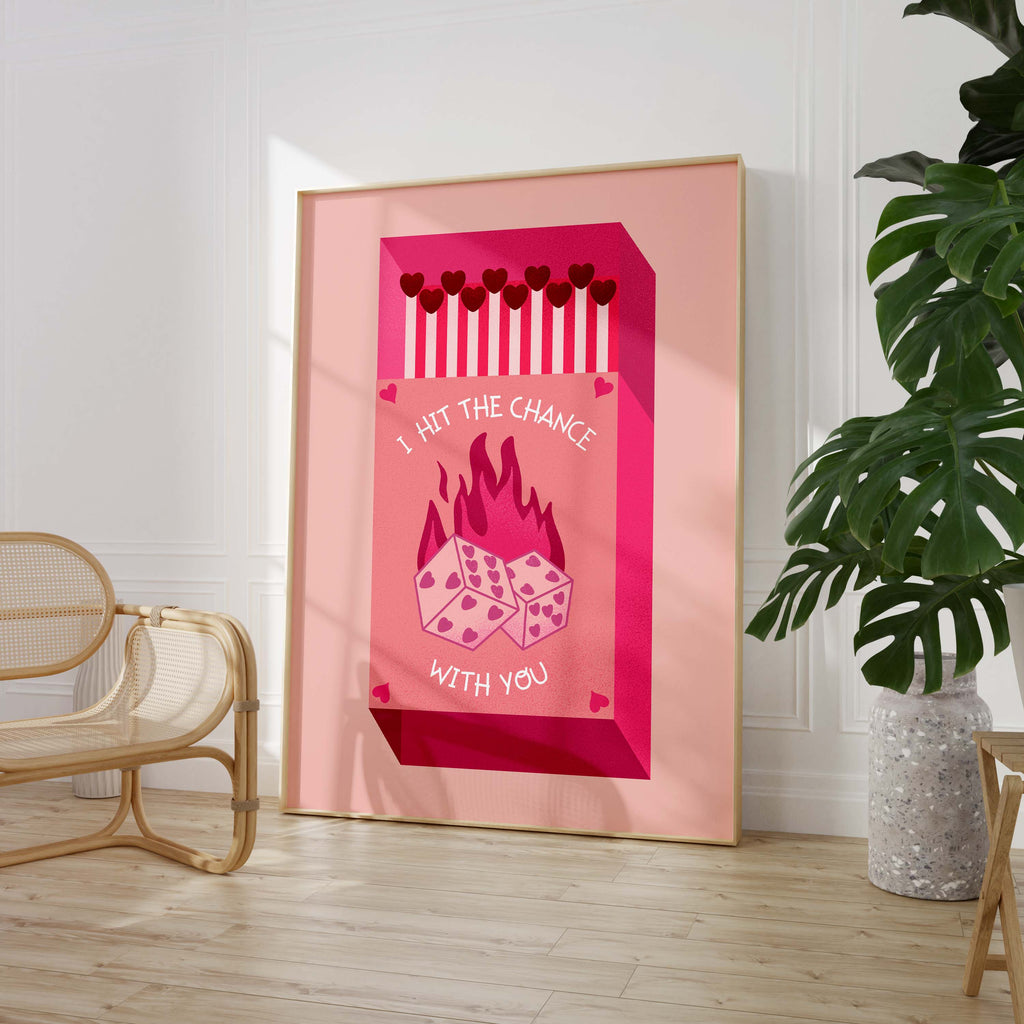 Streichholz Poster · · Hit The Chance With You · Liebe Illustration · Würfel Design · Vintage Ästhetik · Pink Rot · Print ohne Rahmen