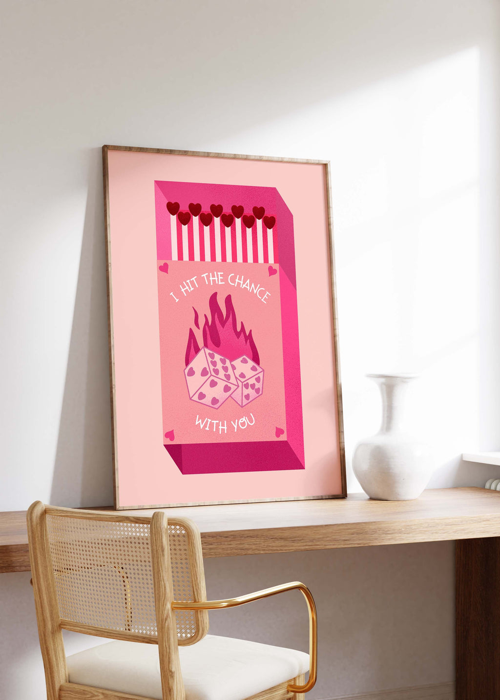 Streichholz Poster · · Hit The Chance With You · Liebe Illustration · Würfel Design · Vintage Ästhetik · Pink Rot · Print ohne Rahmen