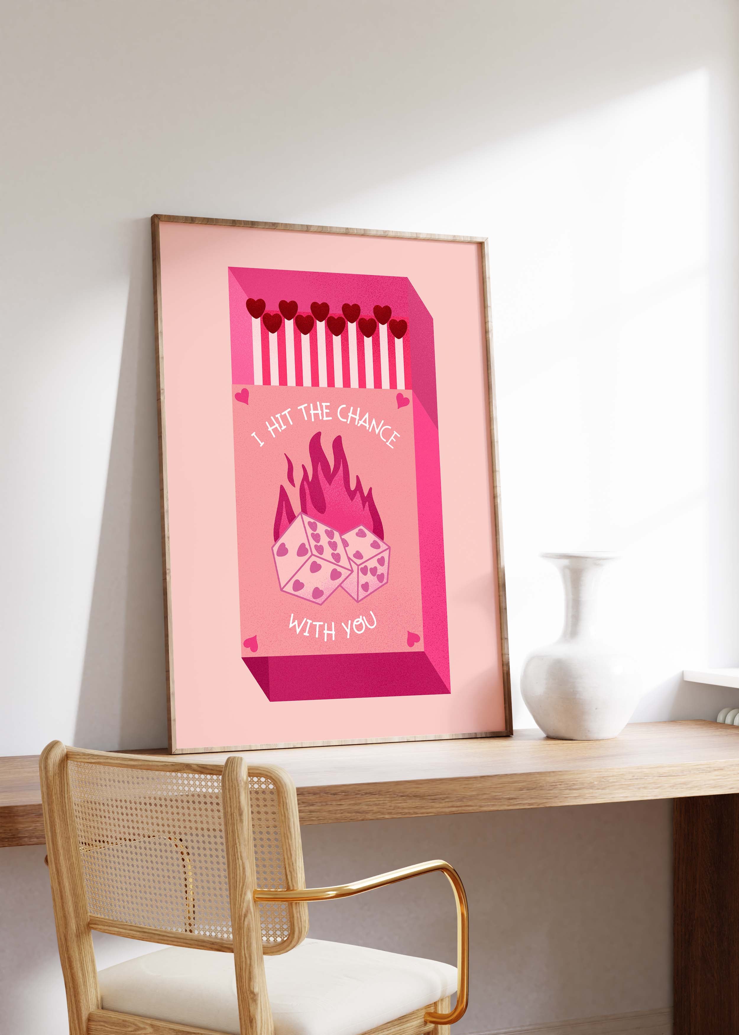 Streichholz Poster · · Hit The Chance With You · Liebe Illustration · Würfel Design · Vintage Ästhetik · Pink Rot · Print ohne Rahmen
