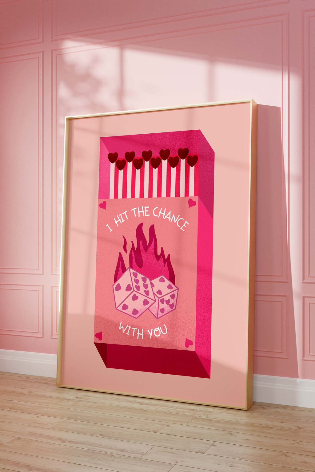 Streichholz Poster · · Hit The Chance With You · Liebe Illustration · Würfel Design · Vintage Ästhetik · Pink Rot · Print ohne Rahmen