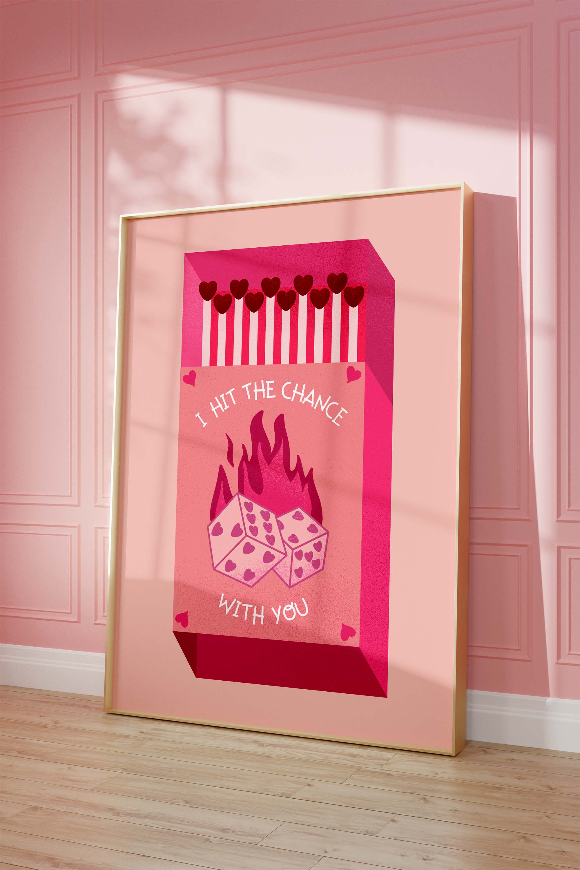Streichholz Poster · · Hit The Chance With You · Liebe Illustration · Würfel Design · Vintage Ästhetik · Pink Rot · Print ohne Rahmen