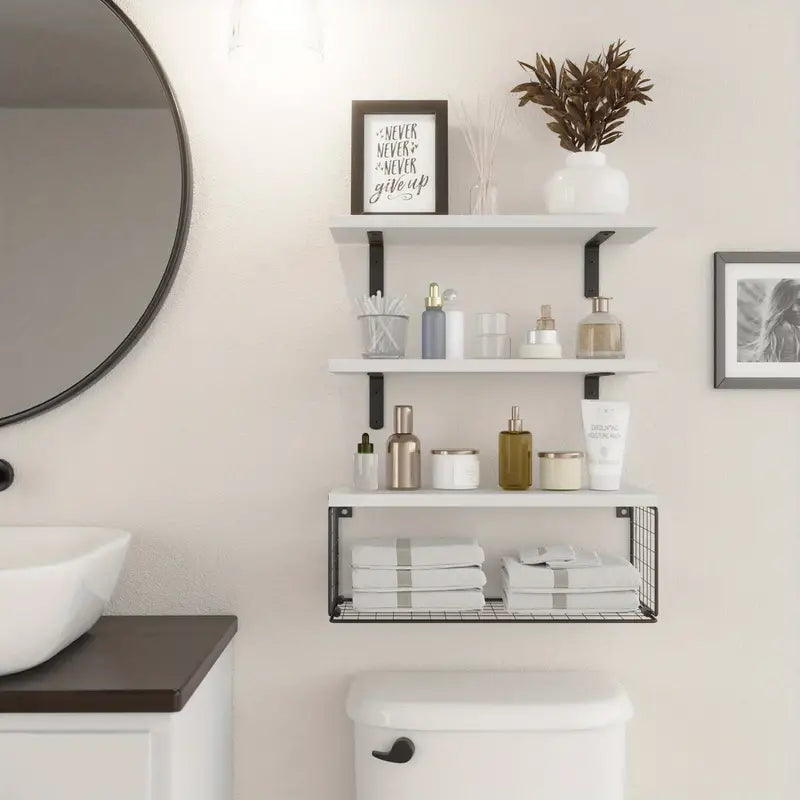 Elevate your bathroom decor with these sleek wood floating shelves-3