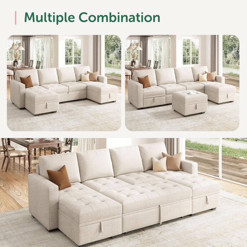 Beige Modular Sleeper Sectional Couch With Storage-3