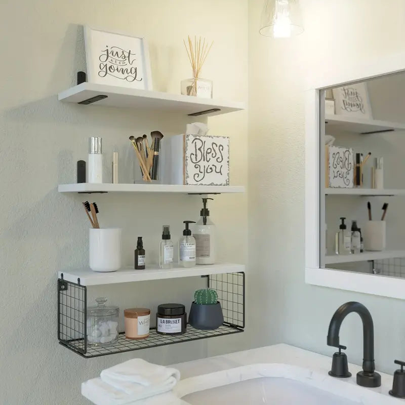 Elevate your bathroom decor with these sleek wood floating shelves-2