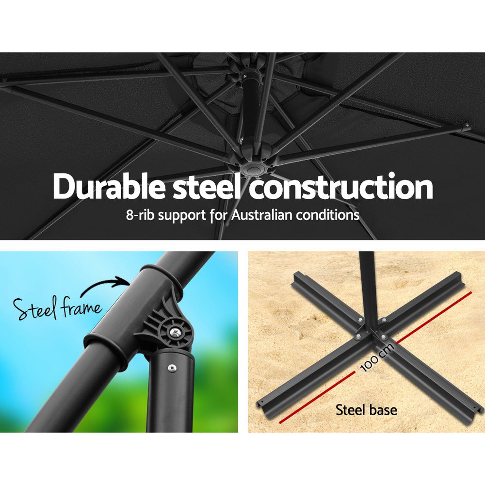 NNEDSZ 3M Umbrella with 48x48cm Base Outdoor Umbrellas Cantilever Sun Beach Garden Patio Black-3