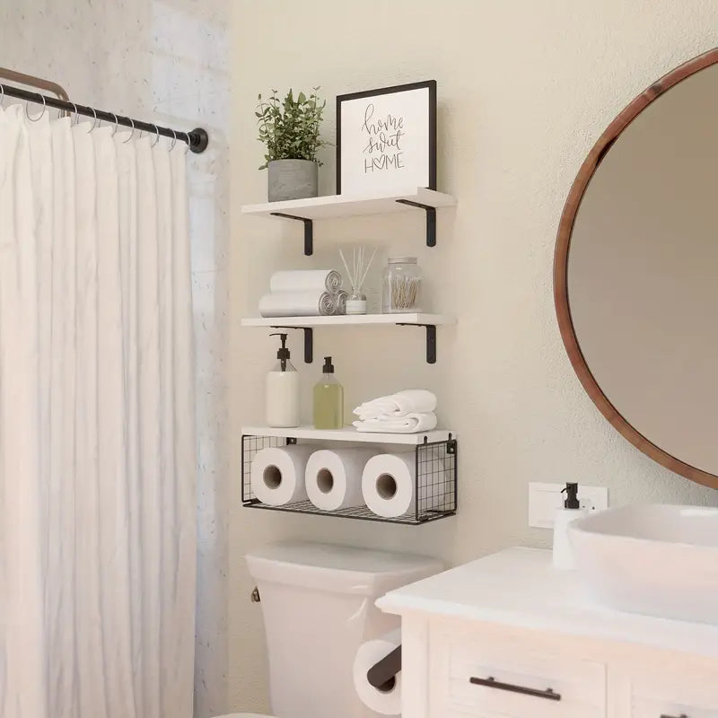 Elevate your bathroom decor with these sleek wood floating shelves-4