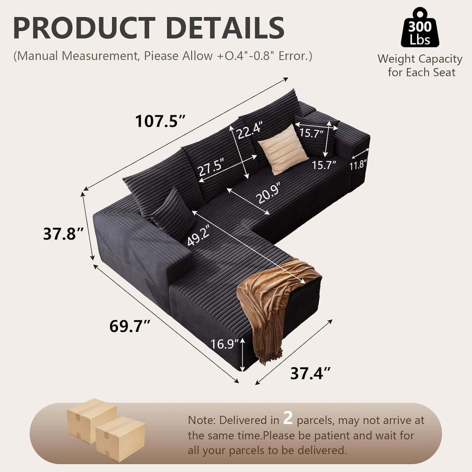 Modern 107 Inch Cloud Sectional Couch with Chaise-1